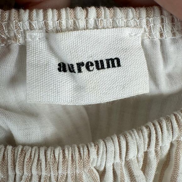 Aureum Striped Ruffle Top Size Small Cream Tan Elastic Smocked Peplum Tank - Picture 3 of 9